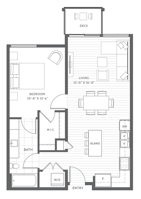 Floor plan for 1 bed, 1 bath, 693 sqft